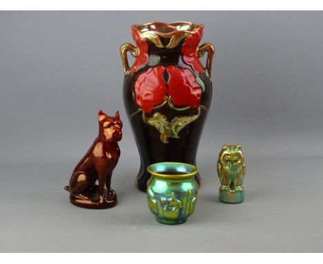 FOUR PIECES OF ZSOLNAY PECS LUSTRE ORNAMENTAL WARE including a 13 cms high twin handled vase in copper, gilt and red tones, a