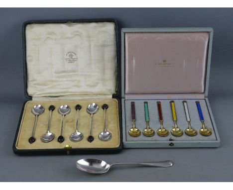 A SET OF SIX STERLING SILVER GILT &amp; GUILLOCHE ENAMEL MICHELSEN, DENMARK COFFEE SPOONS, all marked and stamped in original