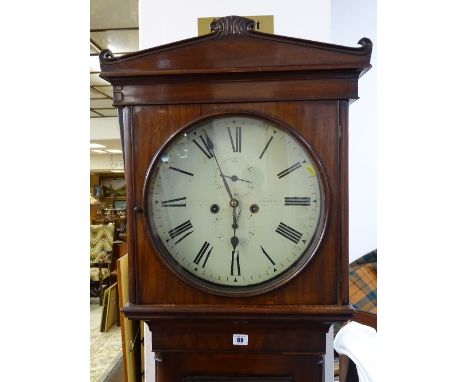 AN EARLY 19th CENTURY CIRCULAR DIAL &amp; MAHOGANY LONGCASE CLOCK, indistinct maker's name to a painted 14 ins diameter dial,