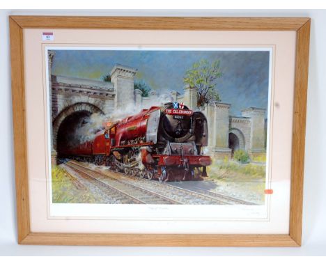 Framed and glazed landscape print 32ins x 26 ins signed by artist Terence Cuneo of 'City of London' locomotive heading Caledo