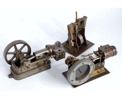3 small steam engines, Stuart 10H unpainted but free running, scratch built horizontal engine 3/4 inch bore x 1 inch stroke, 
