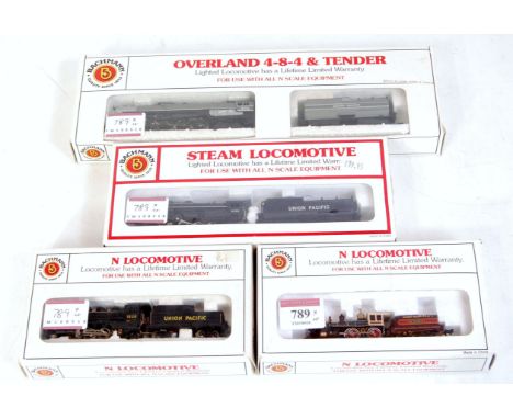 4x Bachmann N gauge Union Pacific locos including 4-4-0 No. 119, Prairie 2-6-2 No. 1836, Mikado 2-8-2 No. 2528 with Vanderbil