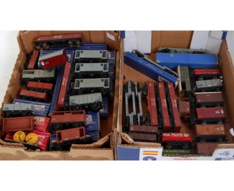 Two trays containing 24 Hornby Dublo post war D1 wagons including 2 NE teak horseboxes, GW toad brake van LMS meat and 13 SD6