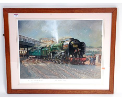Framed and glazed landscape print 32 ins x 26 ins signed by artist Terence Cuneo showing Britannia class locomotive 'William 