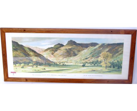 An original railway framed carriage print of The Langdale Valley near Ambleside, Lake District, titled "Go by Train to Winder