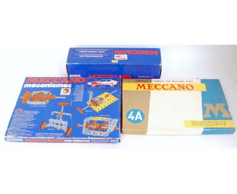 Three post-war French Meccano outfits: Mechanism set (G) (BG); No.4A (G) (BVG); 4X used (F-G) (BVG)