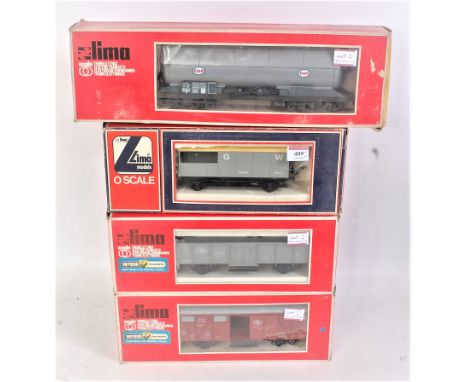 4x Lima wagons including grey bogie Esso tanker, BR brown Continental fruit van, BR grey open wagon, and a grey GWR brake van