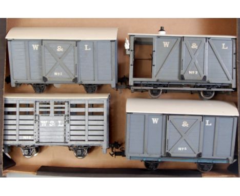 4x GI light grey kit built wooden W&L 4-wheel wagons including goods van No. 3, goods van No. 5, cattle truck No. 8 and goods