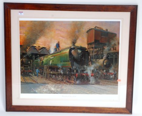 Framed and glazed landscape print 35x30 inches of 'Winston Churchill' locomotive with others outside Nine Elms running shed, 