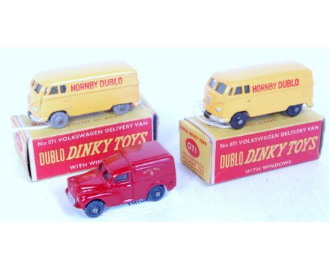 Three repainted Dublo Dinky toys - 2x 071 Volkswagen delivery van, one each black and grey traded wheels (BG), 068 Royal Mail