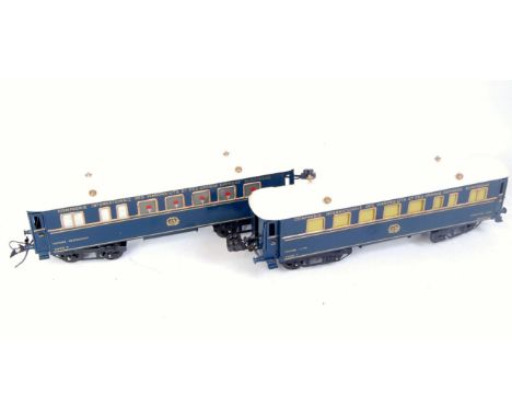 2x repainted Hornby Riviera Blue train coaches, a sleeping car and a dining car fitted for internal lighting (both F-GRP)