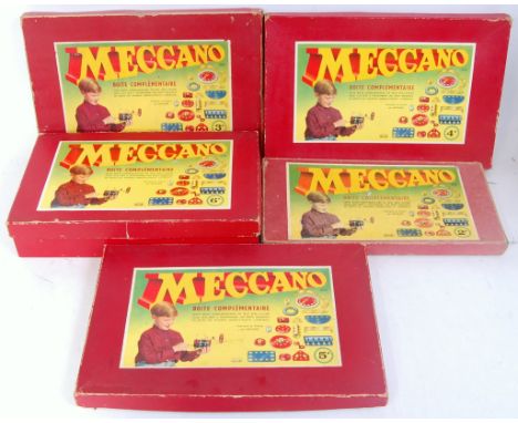 Five French Meccano post-war outfits, restrung, No.2A, No.3A, No.4a, No.5a and No.6A. all (F-G) (BG)