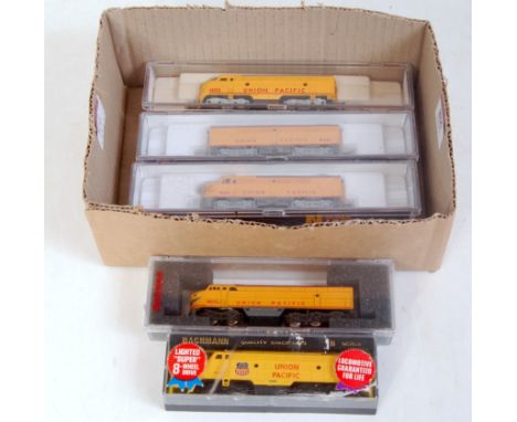 A Bachmann N gauge Union Pacific F7 diesel No. 514, an Atlas F7 No. 1400A, a Life-Like powered  FBI B unit No. 1642 (all NM,B