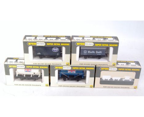 5 limited edition Wrenn  wagons 2x W5522 GB Union Jack tank wagons, one blue and one white, W5518 grey Fyffes Bananas, W5542 