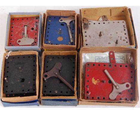 Six Meccano clockwork motors, 3 each pre and post-war, all boxed, generally well used (F), boxes in various conditions