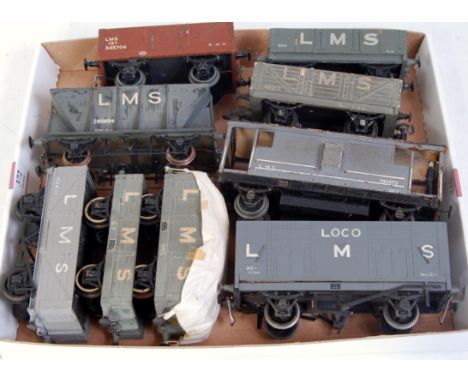 9 assorted LMS kit/scratch built wagons including hopper, 2 opens with loads, 4 other opens, high sided loco coal, and a brak