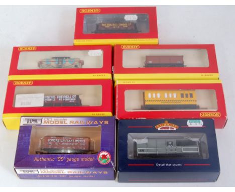 Mixed wagon lot Dapol Doncaster Plant Works Anniversary, Bachmann BR grey 'Toad' brake van Oxford RU, Hornby R296 track clean