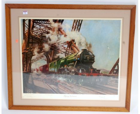 A framed and glazed landscape print 35x31 ins showing 'Flying Scotsman' locomotive on the Forth rail bridge, signed by artist