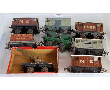 A plastic tray containing 8x Hornby pre-war NE wagons including 1925-7 LNER brake van, 1928-30 hopper, 1924-6 LNER crane truc