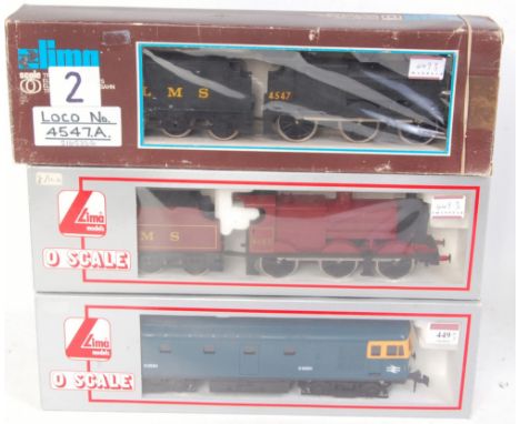 3x Lima locos including red LMS 0-6-0 No. 4683 with LMS tender (NM-BVG), blue class 33 BR diesel loco No. D6524 and a black L