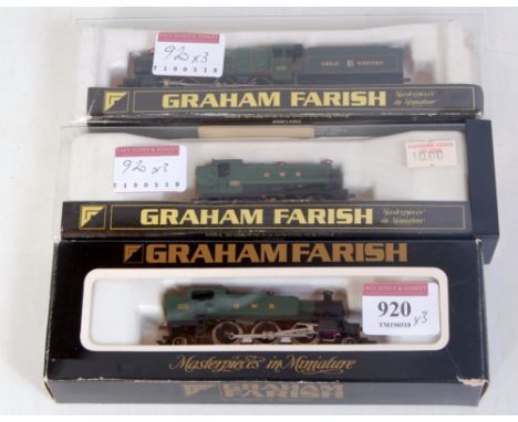 Graham Farish N gauge GWR green Hall Class engine and tender (G-BD), GWR 0-6-0 pannier tank engine (G-BD) and a GWR 2-6-2 pra