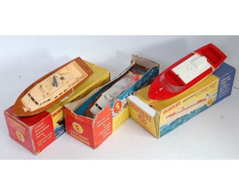 Three 1960's Hornby Boats: No.10 “Capri” red/cream (VG) box heavily restored (BF-G); No.5 RAF Range Safety Launch, black/crea