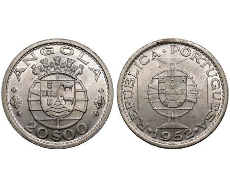 PORTUGAL. Province of Angola, 1575–1975. Silver 20 Escudos, 1952. Obv: ANGOLA, turreted arms over globe, denomination below. 