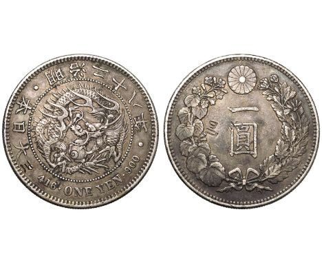 JAPAN. Meiji. Silver 1 Yen, 12 (1879). Large Type: Obv: 年 二 治 明 · 本 日 大 · 416 ·ONE YEN · 900 ·, central dragon within beaded 