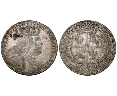 POLISH - LITHUANIAN COMMONWEALTH. August III, 1734-63. Silver Ort / 18 Groszy, 1754 EC. Lipsk. Obv.: D·G·AVGVSTVS·III·REX·POL
