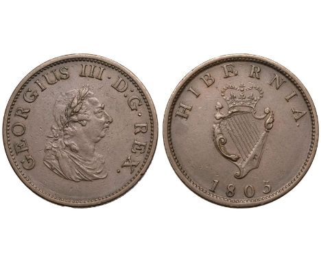 IRELAND. George III, 1801-1820. Copper Penny, 1805. Soho Mint, Handsworth. Obv: GERGIUS III·D:G·REX., laureate and draped bus