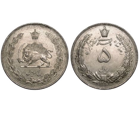 IRAN. Reza Shah, 1925-1941. Silver 5 Rials, 1310 (1931). Tehran, Iran. Obv: central denomination within crowned wreath; date 