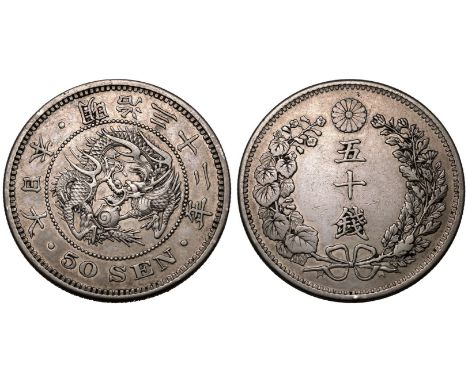 JAPAN. Meiji. Silver 50 Sen, 32 (1899). Obv: 年二十三治明 · 本 日 大 ·, dragon within beaded circle, denomination in English below. Re