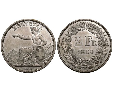 SWITZERLAND. Federal State, 1848-date. Silver 2 Francs, 1860. Bern. Obv: HELVETIA, Helvetia seated left, holding shield with 