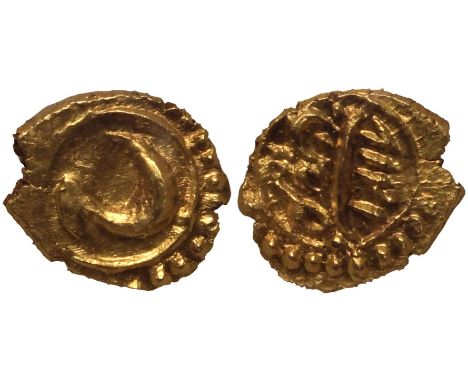 INDIA. KINGDOM OF MYSORE. Tipu Sultan. Gold Fanam, 1218 AM. Persian "He" / AM Date (1218) and Mint. "Zarb Farrukhi". Edge Pla
