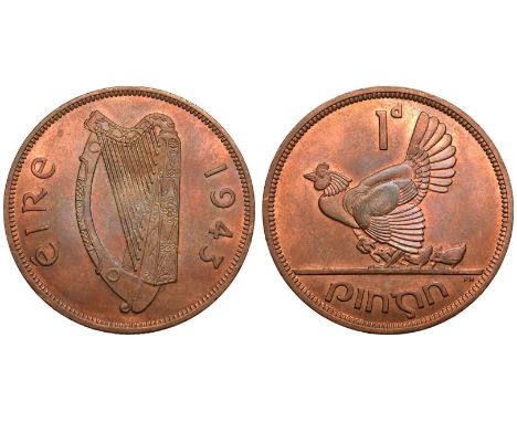 IRELAND. REPUBLIC. Bronze Penny, 1943. Royal Mint, Tower Hill. Obv: Irish harp flanked by Country in Gaelic and date. Designe