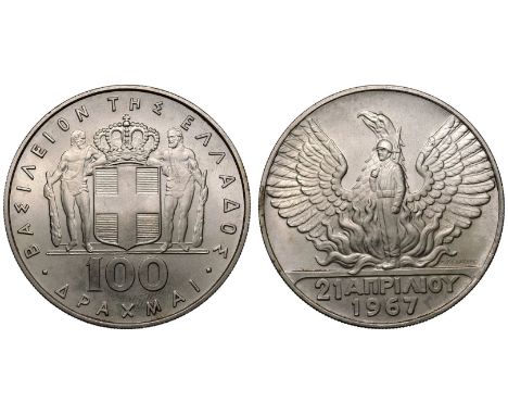 GREECE. Constantine II, 1964-1973. Silver 100 Drachmai, 1967. Kremnica, Slovakia. Obv: ΒΑΣΙΛΕΙΟΝ ΤΗΣ ΕΛΛΑΔΟΣ, supporters with