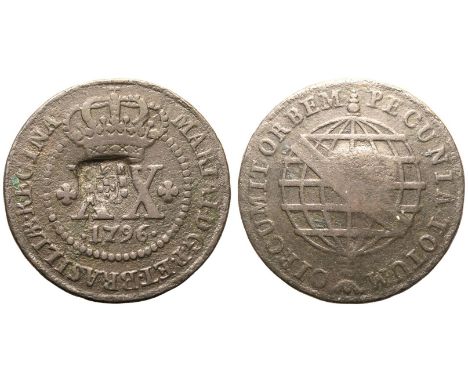 BRAZIL. John VI, 1799-1816. Copper 40 Reis, 1796. countermarked 20 Reis. Obv: MARIA·I·D·G·P·ET·BRASILIÆ·REGINA, crowned overs