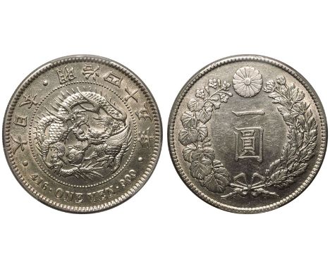 JAPAN. Meiji. Silver 1 Yen, 45 (1912). Japan mint. Obv: 年 四 十 二 治 明 · 本 日 大, dragon within beaded circle, denomination below.