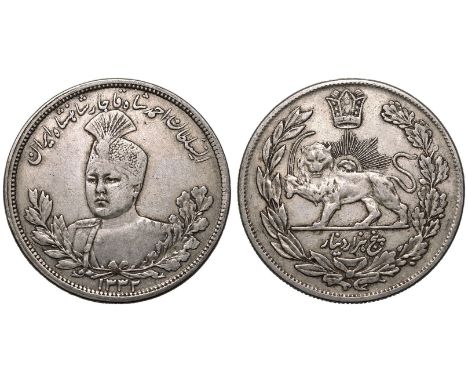 IRAN. Ahmad Shah, 1909-1925. Silver 5000 Dinar, 1331 (1913). Obv: Uniformed bust left within wreath, date below. Rev: crowned