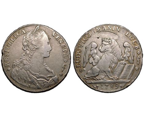 ITALIAN STATES. REPUBLIC OF VENICE. Ludovico Manin, 1789-1797. Silver Tallero, 1789. Obv: RESPUBLICA VENETA, diademed and man