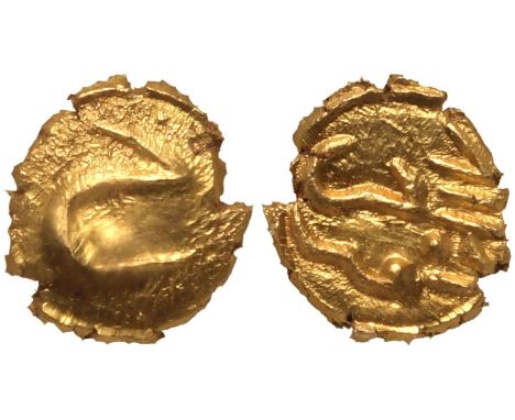 INDIA. KINGDOM OF MYSORE. Tipu Sultan. Gold Fanam, 1218 AM. Persian "He" / AM Date (1218) and Mint. "Zarb Farrukhi". Edge Pla