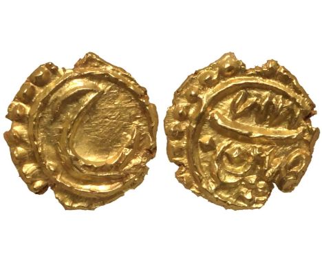 INDIA. KINGDOM OF MYSORE. Tipu Sultan. Gold Fanam, 1217 AM. Persian "He" / AM Date (1217) and Mint. "Zarb Farrukhi". Edge Pla