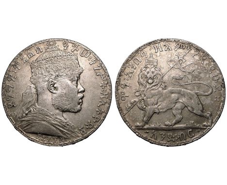 ETHIOPIA. Menelik II, 1889-1913. Silver Birr, 1895 (1903) A. Paris. Obv.: ዳግማዊ፡ምኒልክ፡ ንጉሠ ፡ ነገሥት ፡ ዘኢትዮጵያ።; bust right with da