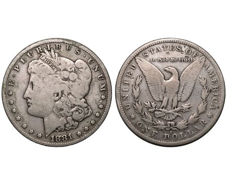 UNITED STATES. Morgan dollars, 1878-1904. Silver 1 Dollar, 1881 S. San Fransisco. E. PLURIBUS. UNUM, date below Morgan type b