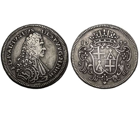 MALTA. ORDER OF HOSPITALLERS. Ramon Despuig. Silver 2 Scudi, 1738. Obv: F D RAINVNDVS DESPVVG M M H H, armoured bust right. R