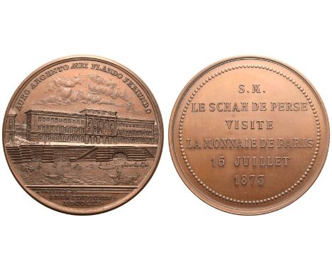 IRAN. QAJAR DYNASTY. Nasir Al-Din Shah, 1848-1896. Bronze Medal, AH 1290 (AD 1873). Obv: AURO ARGENTO AERI FLANDO FERIUNDO / 