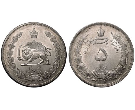 IRAN. Reza Shah, 1925-1941. Silver 5 Rials, 1311 (1932). Tehran, Iran. Obv: central denomination within crowned wreath; date 