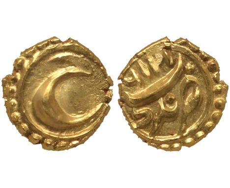 INDIA. KINGDOM OF MYSORE. Tipu Sultan. Gold Fanam, 1216 AM. Persian "He" / AM Date (1216) and Mint. "Zarb Farrukhi". Edge Pla