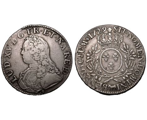 FRANCE. Louis XV 1715-1774. Silver 1 Ecu, 1729 COW. Pau, France. Obv: LUD• XV• D• G• FR• ET• NA• RE• BD, bare head left weari