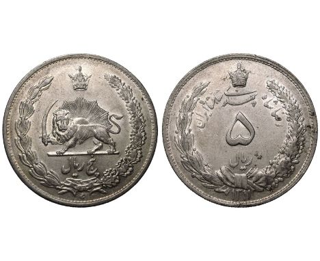 IRAN. Reza Shah, 1925-1941. Silver 5 Rials, 1311 (1932). Tehran, Iran. Obv: central denomination within crowned wreath; date 